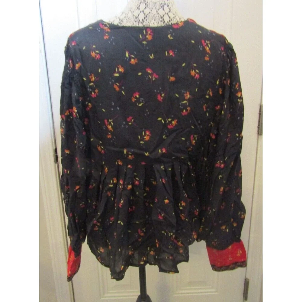 Free People Lady Lou Peasant Blouse Embroidered High Low V Neck Top Floral M